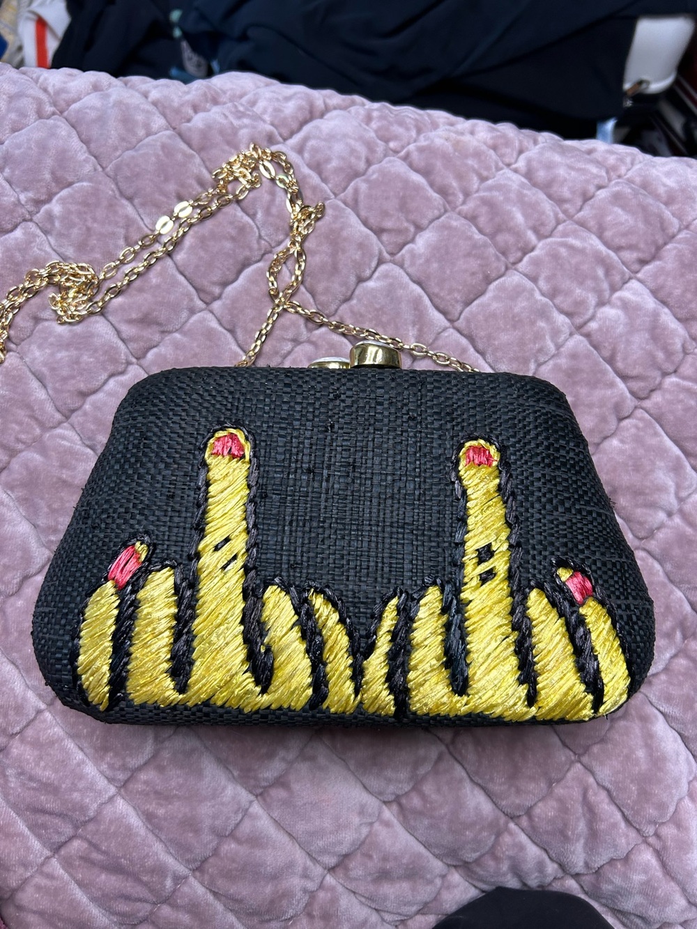 Embroidered Black Evening Clutch with Yellow & Pink Accent